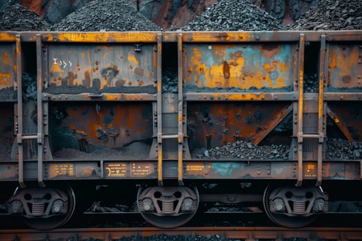 A freight car filled with coal is rolling down the tracks, powered by a motor vehicle on the railway