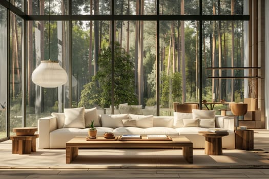 A room with hardwood flooring, a wood coffee table, and large glass windows offering views of a forest. The cozy space is filled with natural light and shaded by the trees outside