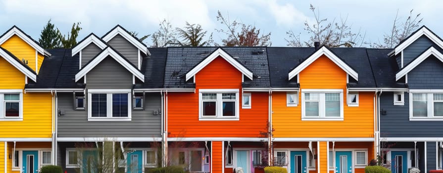 A row of colorful residential properties are lined up in a neighborhood, with each building featuring unique fixtures and windows, under a sky filled with light