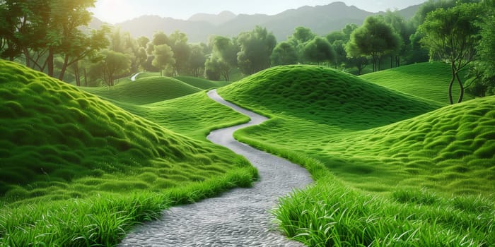 A path winding through a vibrant green field with majestic mountains in the backdrop, surrounded by lush grass, trees, and groundcover