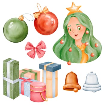 Watercolor cartoon set with Woman portrait. Christmas time.