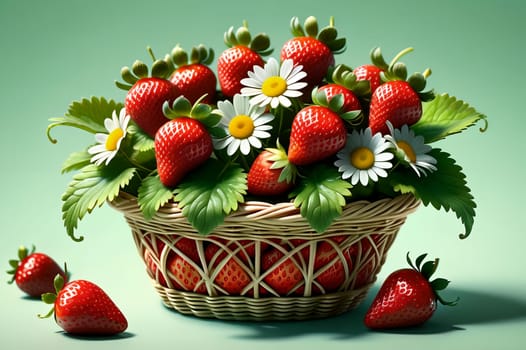 Basket with fresh strawberries. AI generated image.