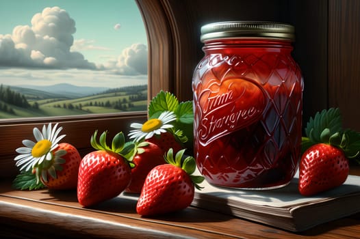 strawberry jam on wooden background. AI generated image.