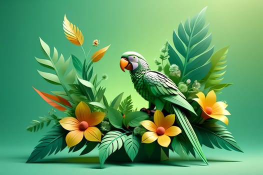a beautiful colored parrot sits on a branch with flowers, 3D. AI generated image.