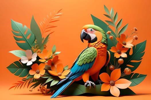 a beautiful colored parrot sits on a branch with flowers, 3D. AI generated image.