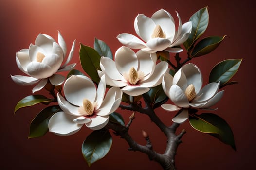 White magnolia isolated on red background . AI generated image.