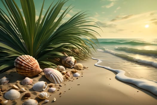 abstract background of palm leaves, sand, shells on the background of the sea. AI generated image.