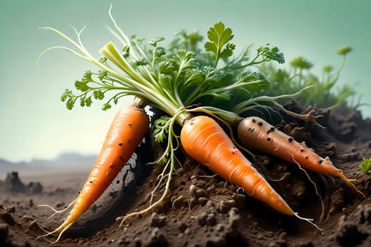 Long carrots in the remains of the soil, with green tops . AI generated image.