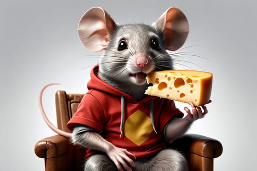 cute gray mouse with delicious cheese . AI generated image.