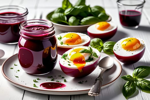 marinated boiled eggs in beet juice with herbs.