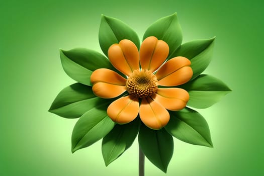 unusual orange flower with green foliage, isolated on green background