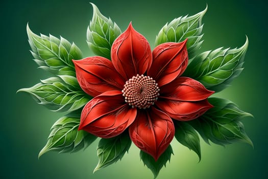 unusual multicolor flower with green foliage, isolated on green background