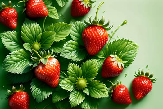 fresh ripe red strawberries isolated on green background
