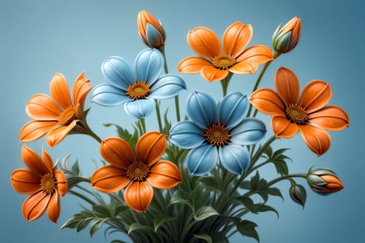 Bouquet of colorful bright flowers, isolated on a blue background.