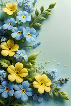 Bouquet of colorful bright flowers forget-me-not , isolated on a blue background.