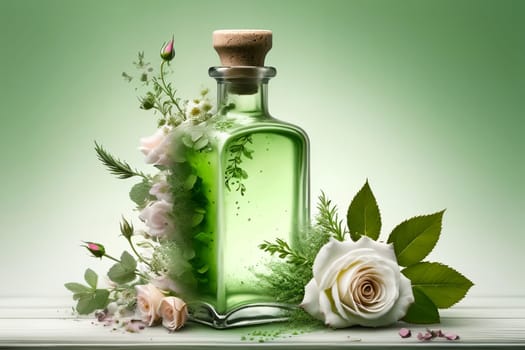 tincture of herbs and flowers in a bottle isolated on a green background