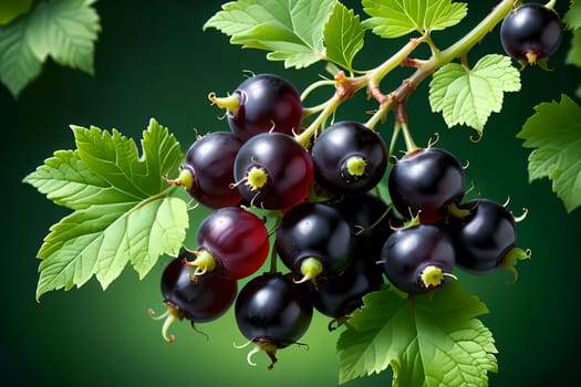 ripe black currant berries on a green background.