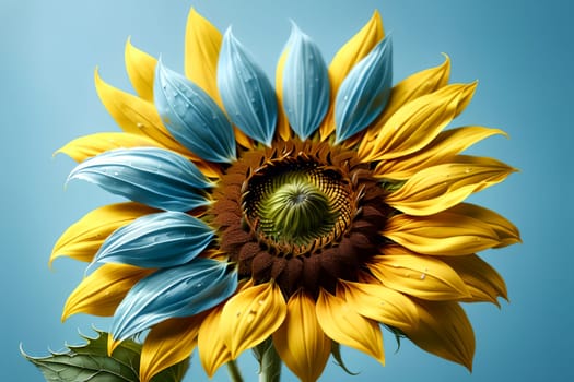 yellow blue flower isolated on a blue background.