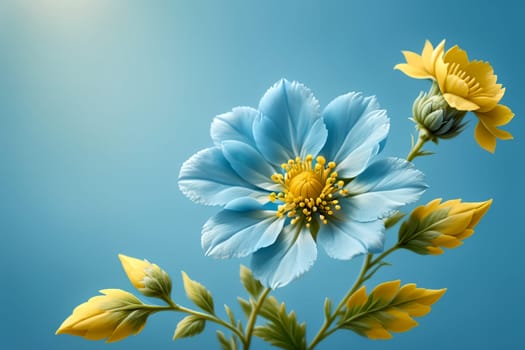 yellow blue flower isolated on a blue background.