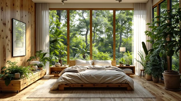 peaceful bedroom setting showcases a large bed framed by natural wood, multiple potted plants, and a panoramic view of a verdant forest through floor-to-ceiling windows - Generative AI