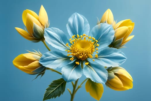 yellow blue flower isolated on a blue background.