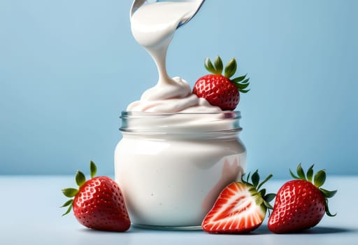 homemade yogurt with strawberries in a jar with berries, isolated on a blue background.