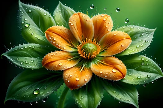 unusual orange flower with green foliage, isolated on green background