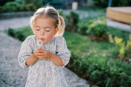 Little girl with closed eyes blows on a dandelion while standing on a path in the garden. High quality photo
