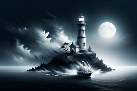 lighthouse on an island in the sea, a ship sails nearby .