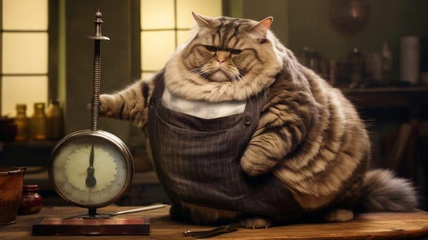 A large, fat, obese cat at a veterinarian's appointment in a clinic. Concept of care and concern for pets and obesity.