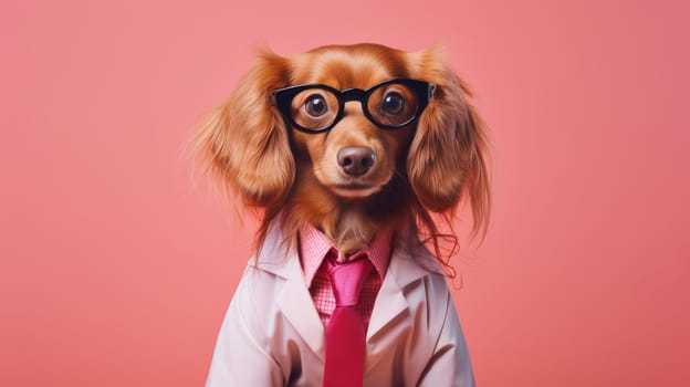 A small dog in a doctor's coat, glasses and a stethoscope on a pink background. Pet care and grooming concept