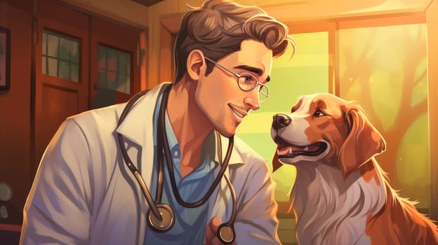 Cute veterinarian examining a dog in the clinic for diseases. Pet care and grooming concept.