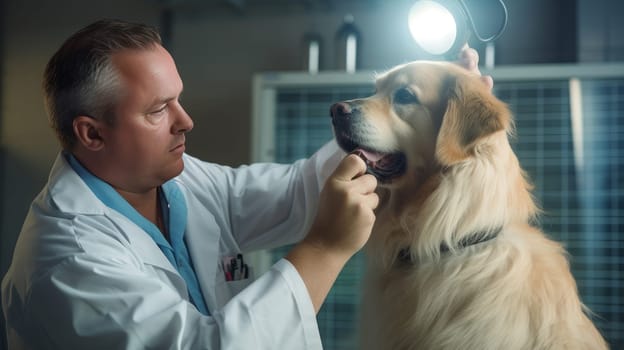 A cute veterinarian examines the dog, takes the temperature and takes tests at the clinic for diseases. Pet care and grooming concept.