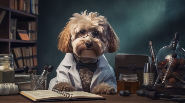 A cat in a doctor's dog sits at the table and prescribes medications at a veterinary pharmacy. Concept of care and care for pets