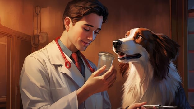 A cute veterinarian examines the dog, takes the temperature and takes tests at the clinic for diseases. Pet care and grooming concept.