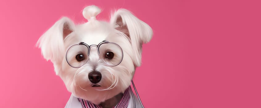 White dog with a stethoscope and a doctor's suit on a pink background. Pet care and grooming concept. Banner