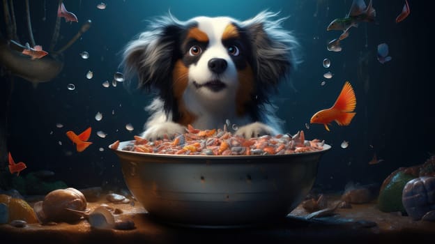 The dog at the table eats dry food. Concept of care and concern for pets