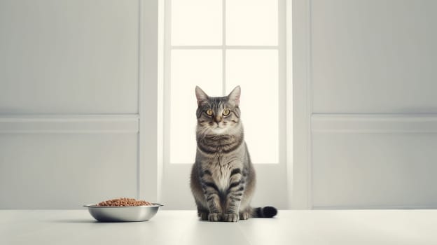 A cat in a white room eats food from a bowl. Concept of care and concern for pets
