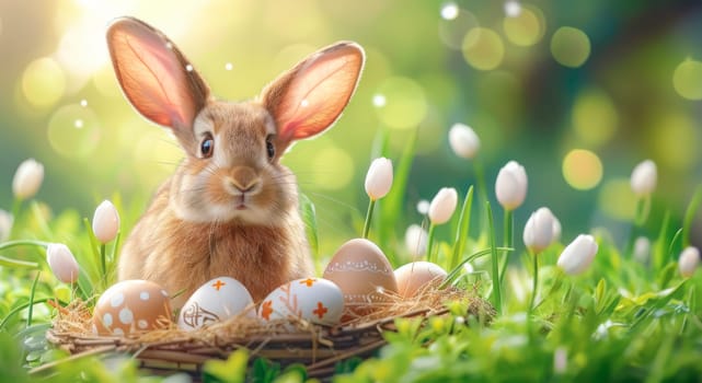 Cute Easter rabbit with decorated eggs and spring flowers on green spring landscape.Happy Easter greeting card, banner.