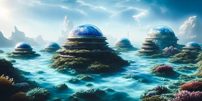 Utopian underwater city. Marvel at the transparent domes teeming with marine life, futuristic transit networks, and cutting-edge research hubs delving into the ocean's mysteries.
