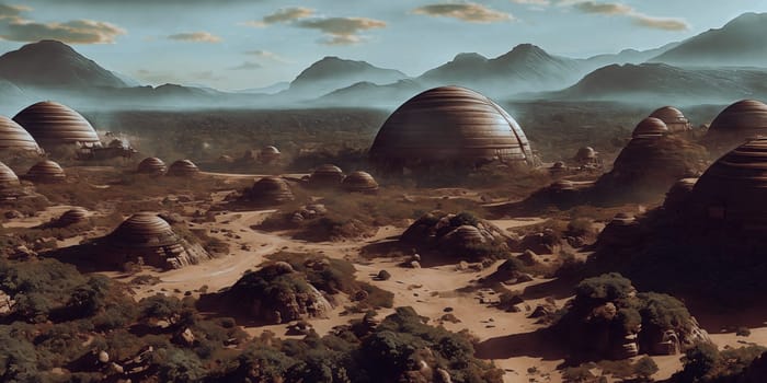 A breathtaking digital artwork of a transformed Mars settlement in the future, showcasing domed habitats, terraforming machinery, and abundant greenery changing the red planet into a livable world.