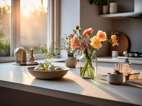 Flowers on marble table of modern kitchen interior. Cozy fashionable kitchen decor. White aesthetic kitchen interior details and decor.