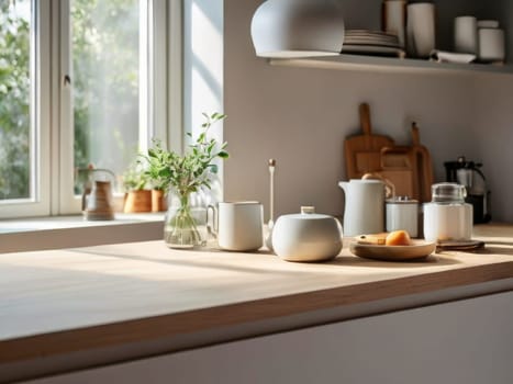 Flowers on wooden tabletop of modern kitchen interior. Cozy fashionable kitchen decor. White aesthetic kitchen interior details and decor. Empty table with copy space.