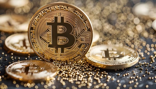 Closeup of a bitcoin positioned on a stack of gold coins, blending digital currency with traditional metal money in a stylish fashion accessory