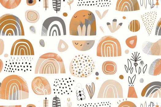 Kids boho seamless pattern. Pastel colors, gender neutral. Applicable for fabric print, textile, wrapping paper, wallpaper. Cute baby texture, repeatable, bohemian style. Nordic design. Generative AI