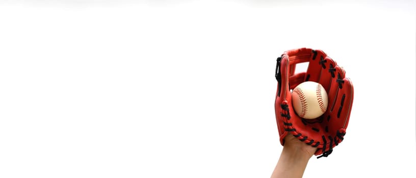 Hand with leather baseball glove and ball on white background. Fitness, sports and training concept.
