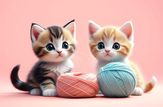 Adorable fluffy cartoon kittens playing with skeins of yarn on a background of pastel colors. AI generated.