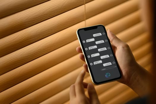 Close up shot of young woman chatting with AI chat bot on smartphone to get support.