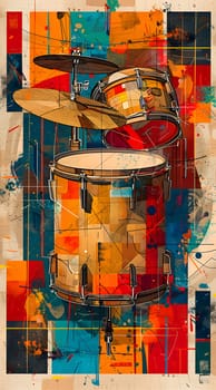 A vibrant painting capturing a drum set on a colorful background. The drums are depicted in shades of orange on a rectangular canvas, highlighting the beauty of this musical instrument through art