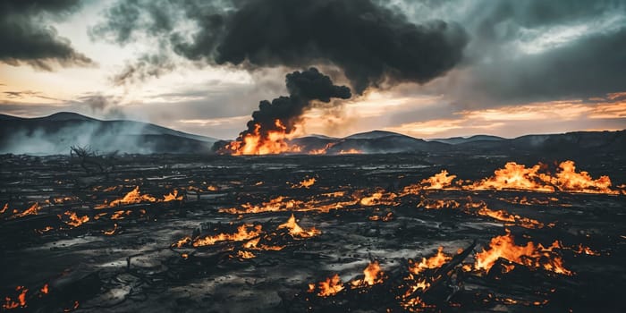 Devastated Landscapes. Disaster with scorched earth, smoldering wreckage, and a bleak atmosphere that conveys the destruction that occurred.